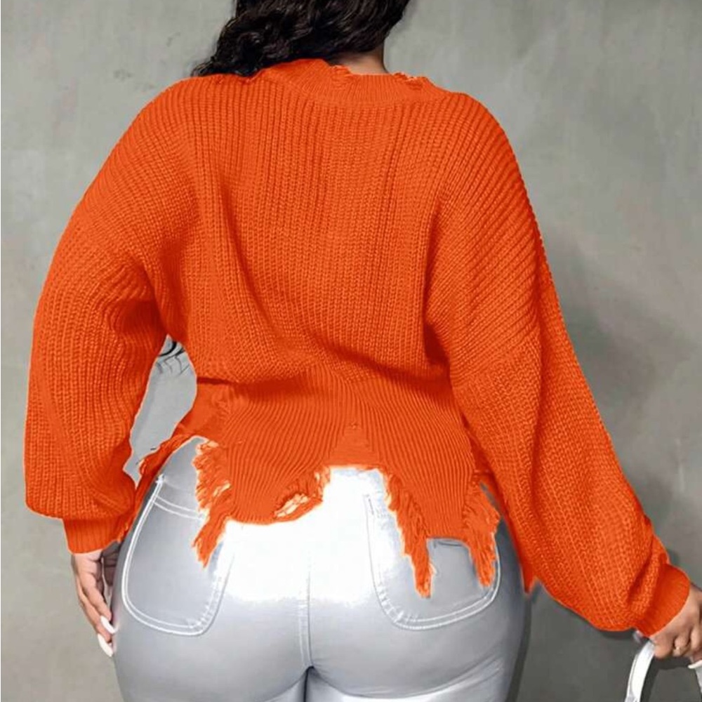 Bright Orange Distressed Ripped Sweater - Picture 2 of 3